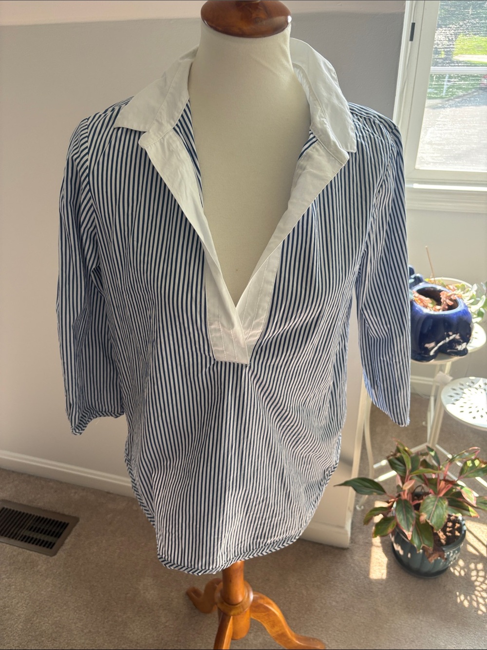 Brooks Brothers Navy and White Striped Cotton Popover Blouse